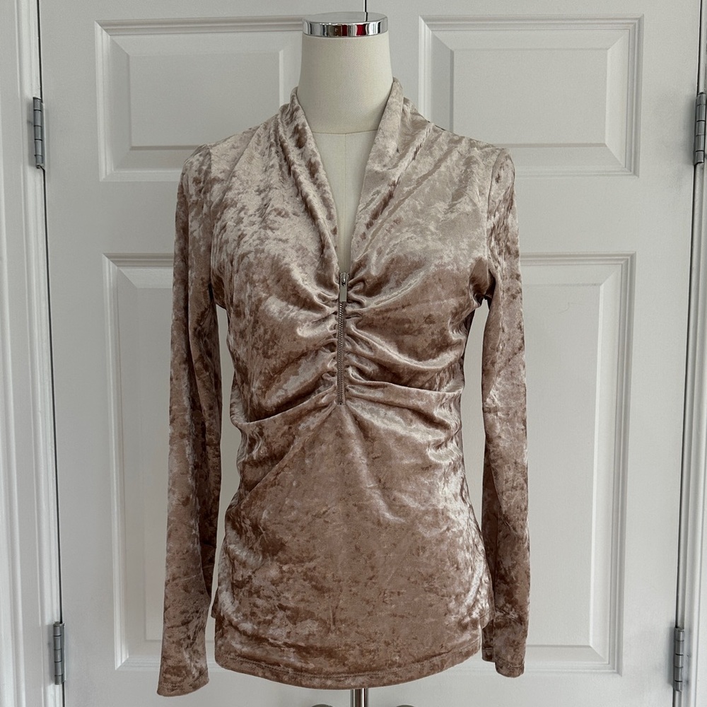 Boston Proper Champagne Gold Hue Crushed Velvet Zip Front Ruched Blouse Size S